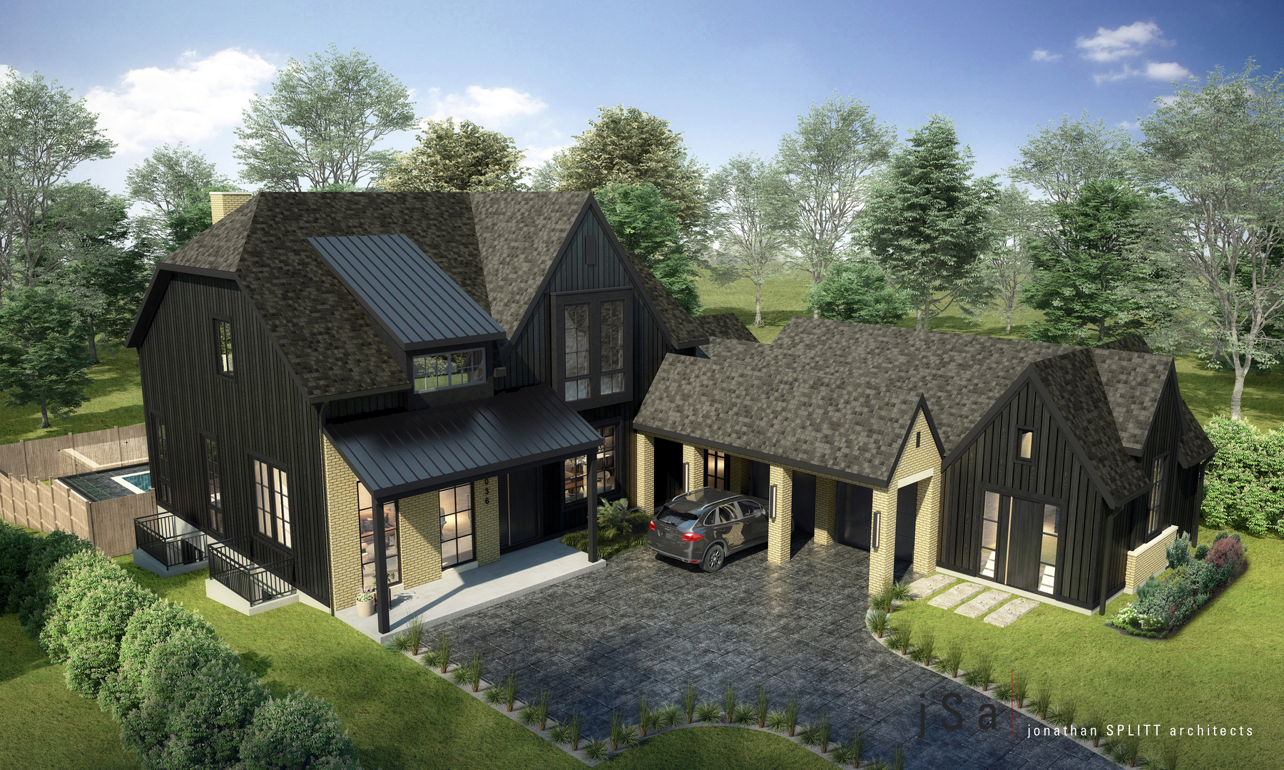 a view of a house with backyard and sitting area