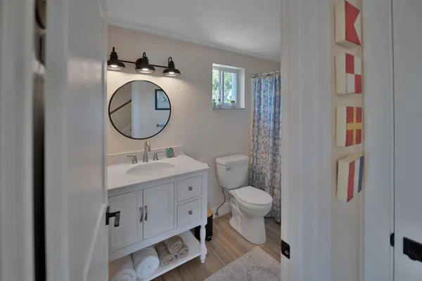 a view of a backyard with plants and a patio