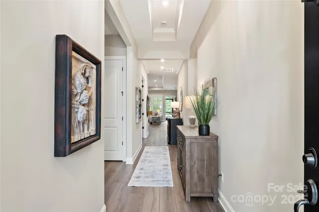 a view of a hallway with wooden floor and a potted plant