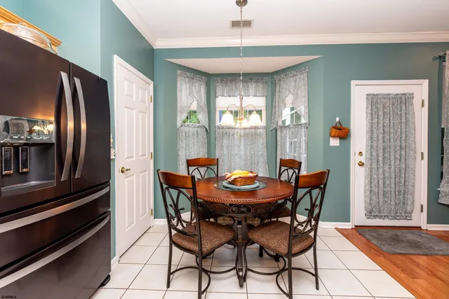 a view of a dining room with furniture and window