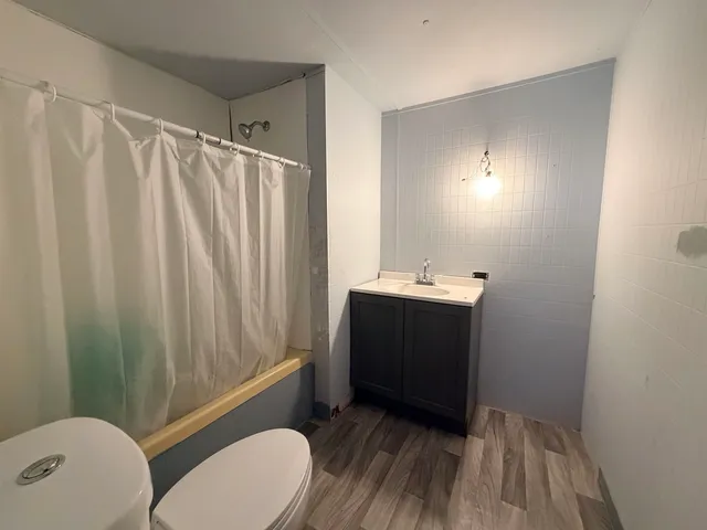 a bathroom with a sink a toilet a mirror and shower curtain