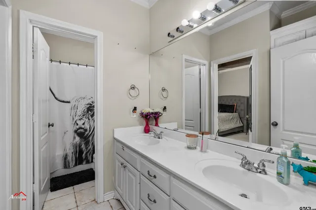 a bathroom with a sink vanity and a mirror