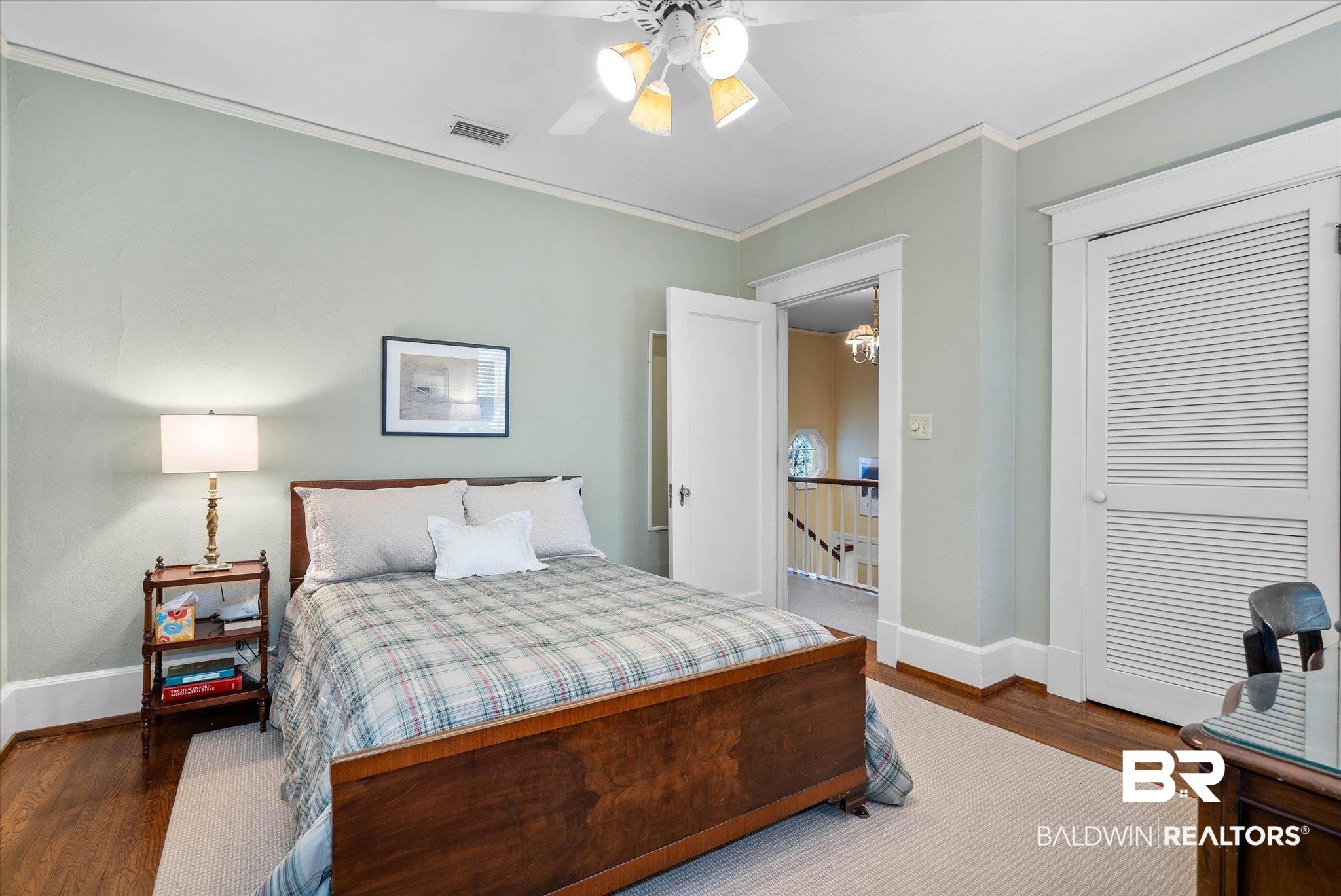 2 Westgate Road Mobile, AL 36608 - Photo 28 of 63 Bedroom featuring crown molding, wood finished floors, and ceiling fan