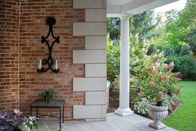 a view of a fireplace with potted plants