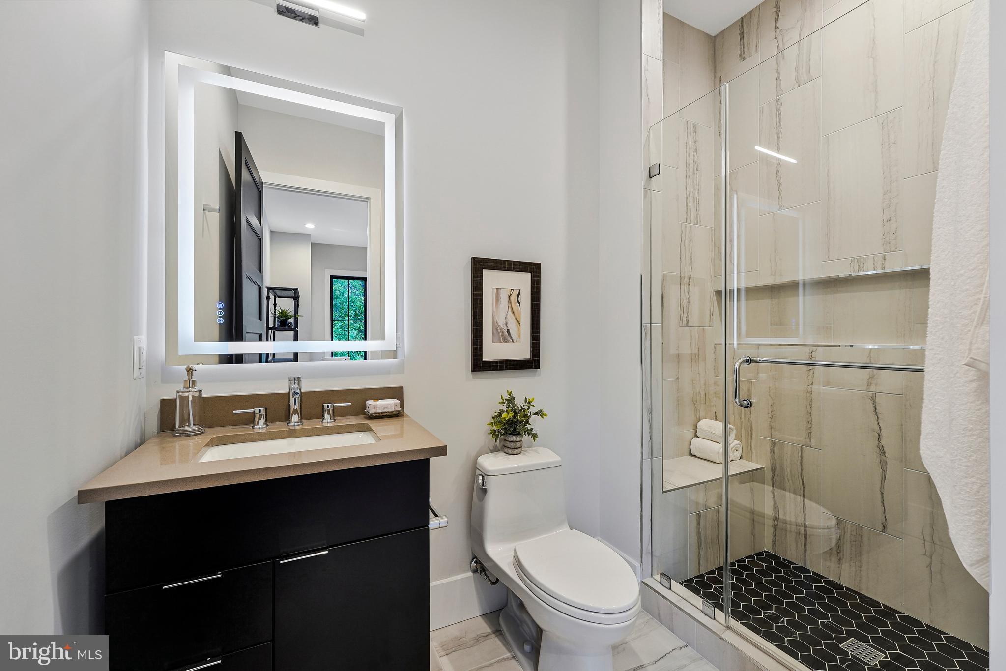 11410 Waples Mill Road Oakton, VA 22124 - Photo 70 of 104 a bathroom with a sink toilet a mirror and shower