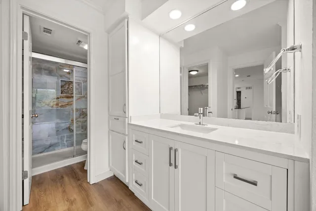 a bathroom with a shower and toilet