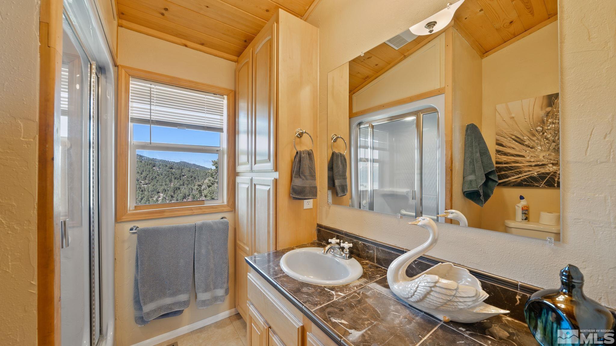 21311 Grande Road Reno, NV 89521 - Photo 27 of 37 a bathroom with a granite countertop sink a mirror and a shower