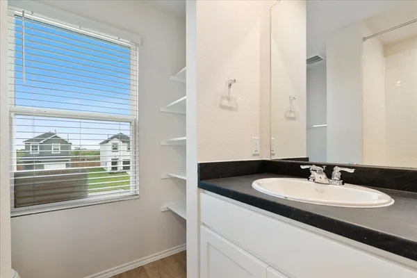 a bathroom with a sink and a mirror