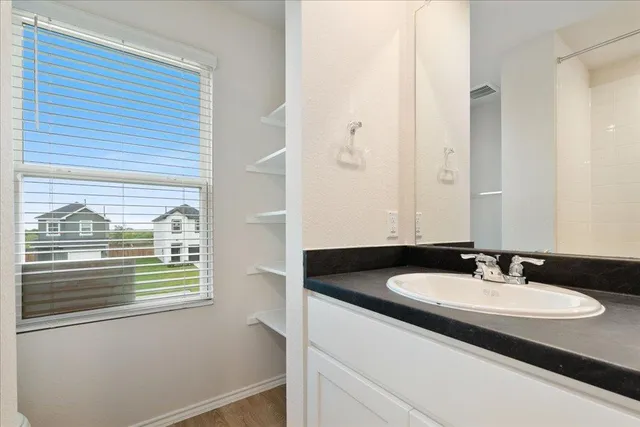 a bathroom with a sink and a mirror
