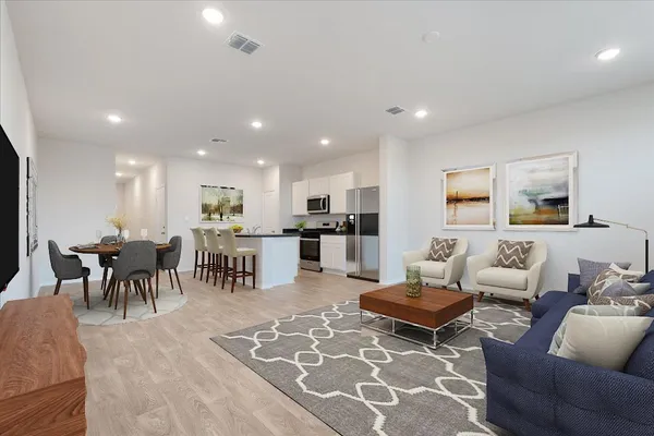 a view of a dining room with furniture