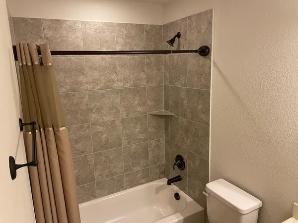 a bathroom with a shower and a toilet