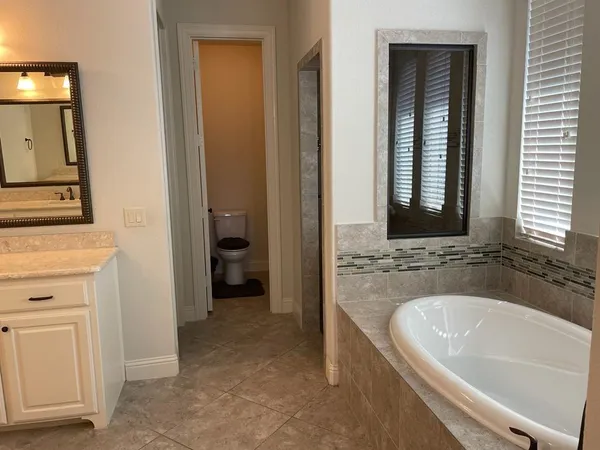 a bathroom with a tub sink and mirror