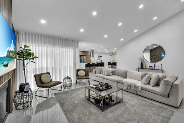 a living room with furniture a rug and a potted plant
