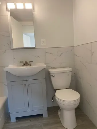 a bathroom with a sink a toilet and mirror
