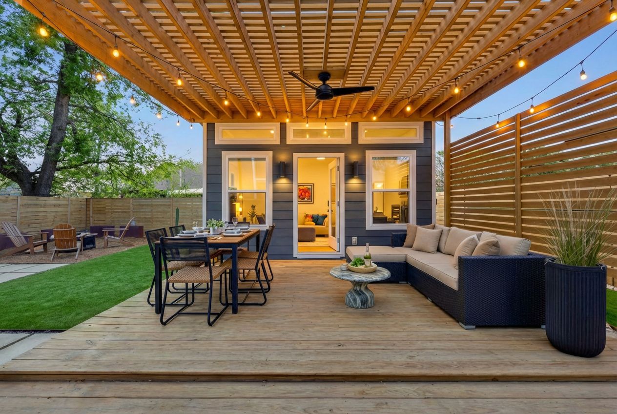 a building outdoor space with patio furniture