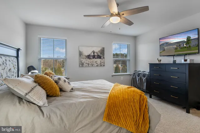 a bedroom with a bed a couch and a chandelier