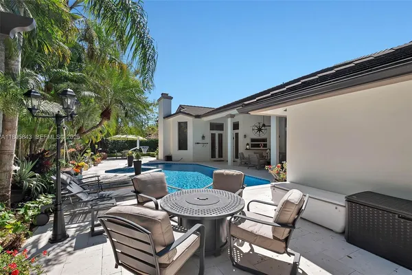 a backyard of a house with fire pit and outdoor seating