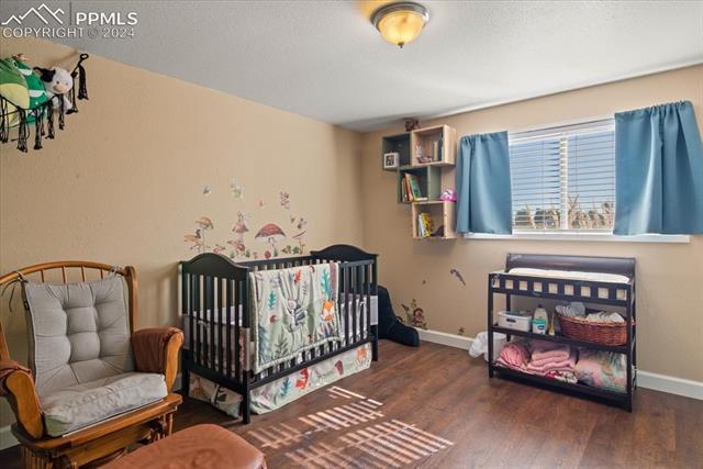 28079 Iris Road Pueblo, CO 81006 - Photo 25 of 50 Bedroom featuring dark hardwood / wood-style floors, a crib, and a textured ceiling