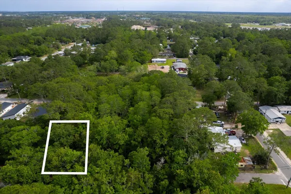 an aerial view of residential houses with outdoor space and trees