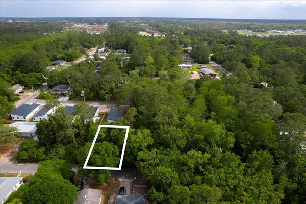 an aerial view of a residential houses with outdoor space and trees