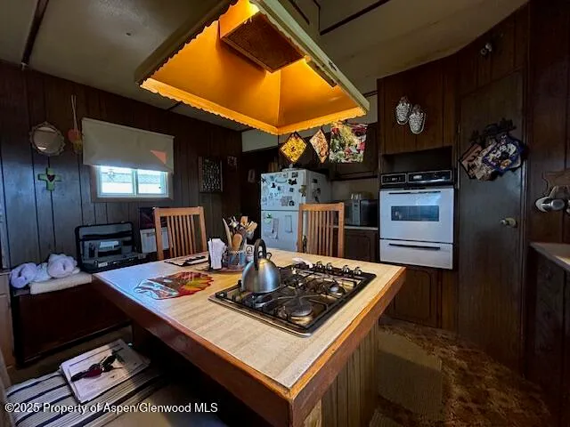 a kitchen with a stove and a refrigerator