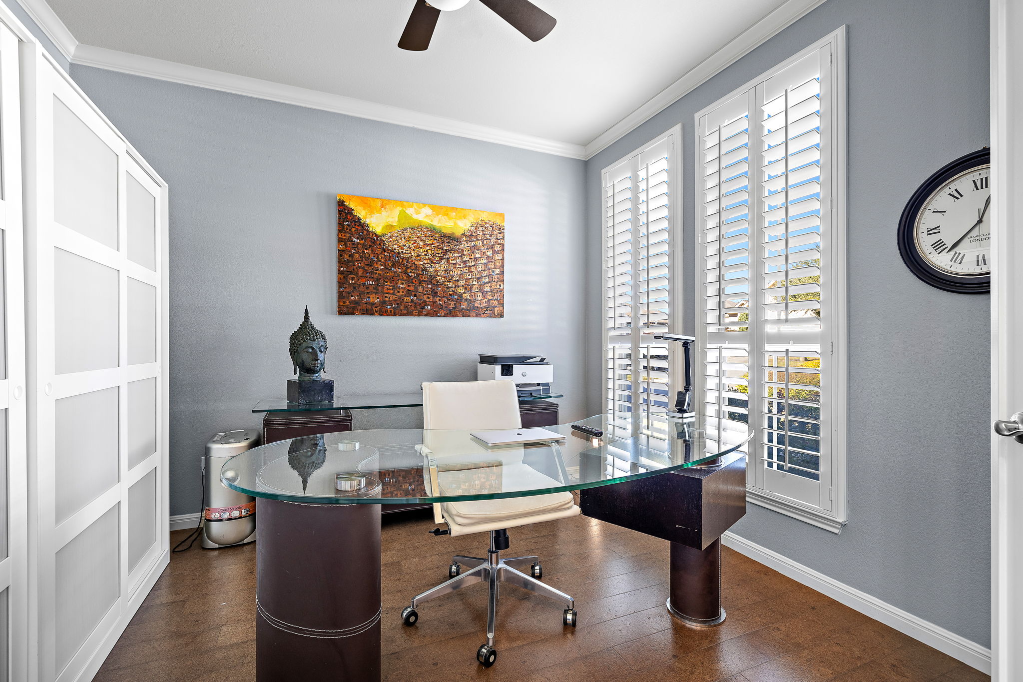 4413 Tambre Bend Austin, TX 78738 - Photo 19 of 30 Office with ceiling fan, ornamental molding, and dark wood-style flooring