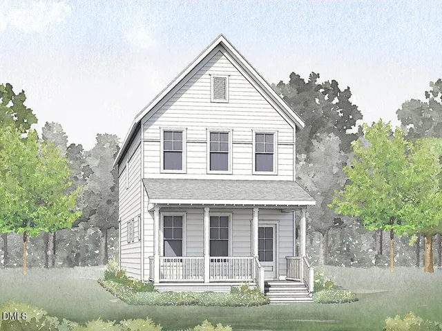 a view of a white house with large windows and a small yard