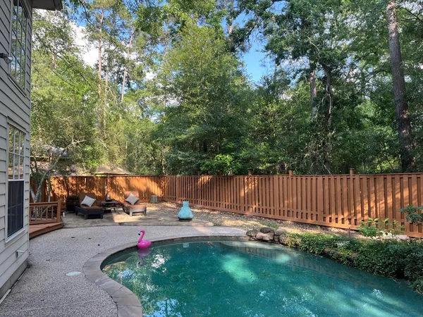 a view of a park with large trees