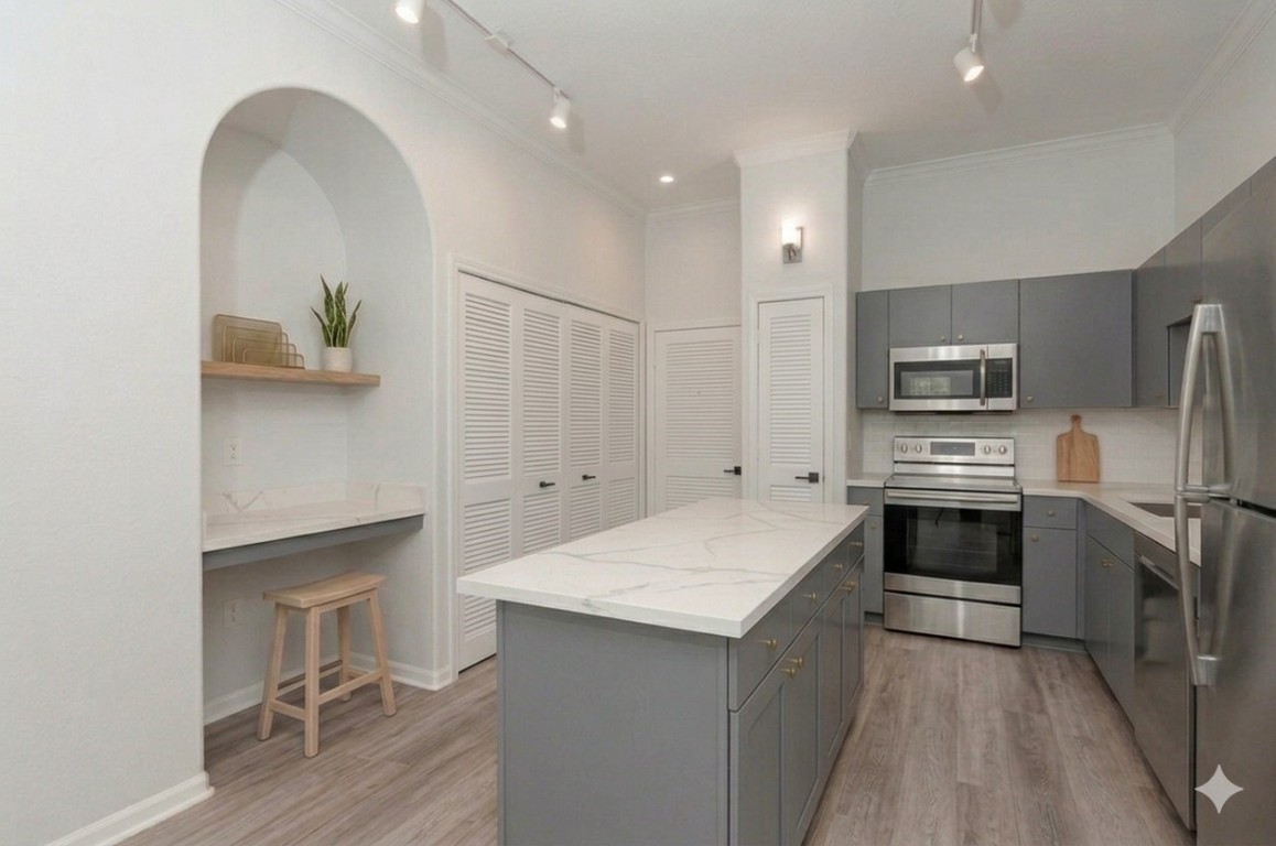 1441 East Street, Unit 212 Houston, TX 77007 - Photo 2 of 6 a kitchen with a sink stainless steel appliances and cabinets