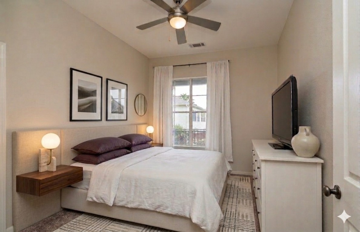 1441 East Street, Unit 212 Houston, TX 77007 - Photo 3 of 6 a bedroom with a bed and a flat tv screen on the dresser