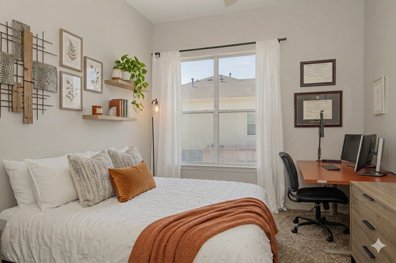 1441 East Street, Unit 212 Houston, TX 77007 - Photo 4 of 6 a bedroom with a bed and a desk