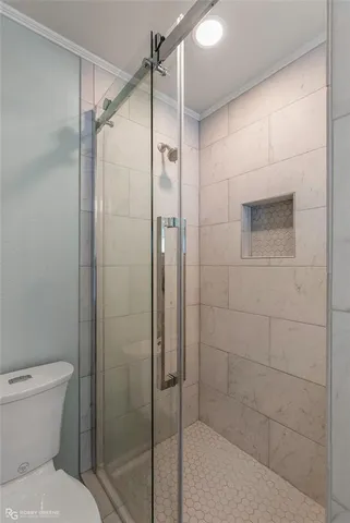 a bathroom with a shower and a toilet