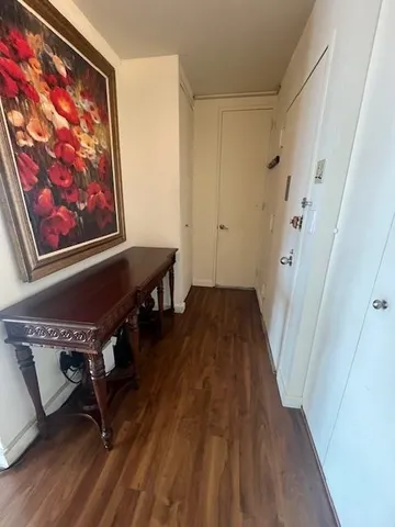a view of a hallway with wooden floor and a bookshelf