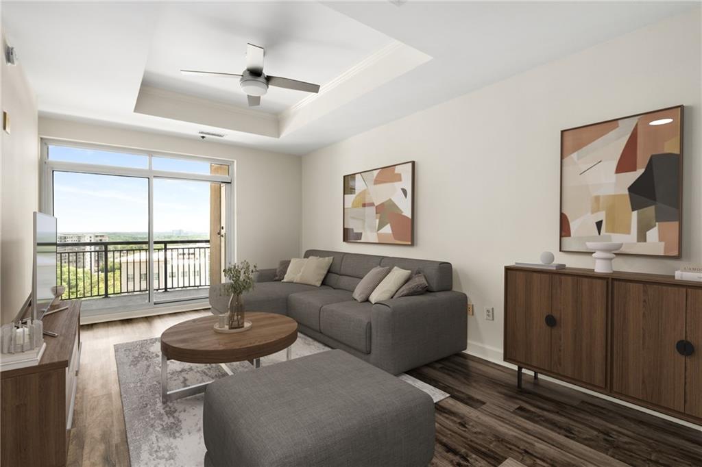 325 East Paces Ferry Road Northeast, Unit 1704 Atlanta, GA 30305 - Photo 4 of 29 a living room with furniture and a floor to ceiling window
