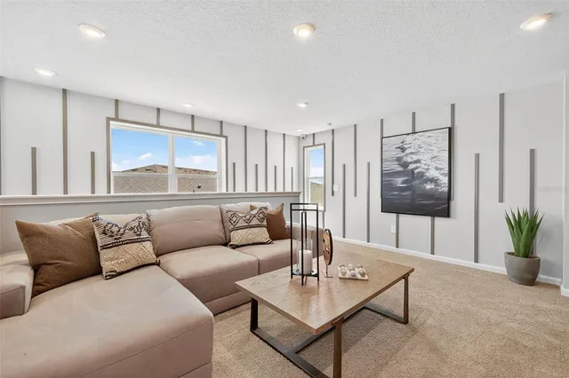 a living room with furniture and a potted plant