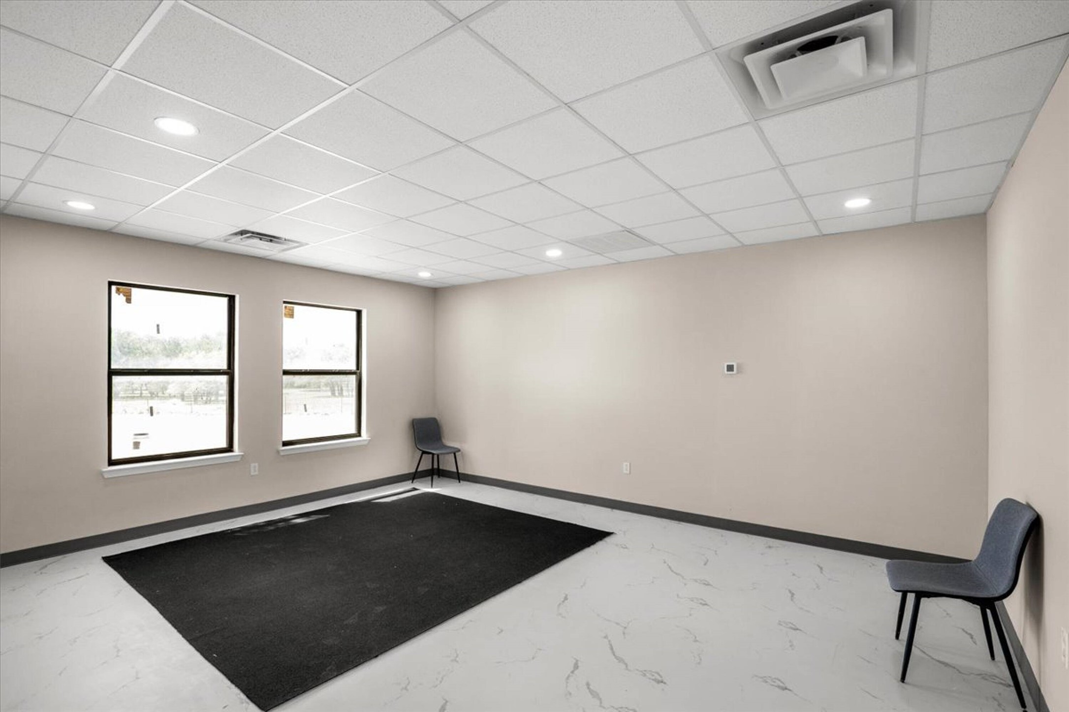 375 King Rea Spur Georgetown, TX 78633 - Photo 19 of 29 Spacious room featuring two large windows, recessed ceiling lighting, a grid drop ceiling, and light-toned flooring