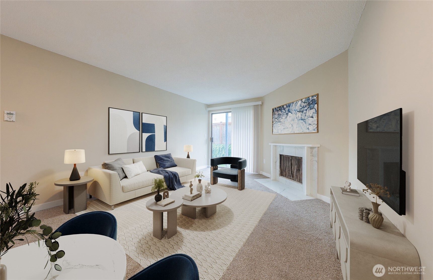 3302 I Street Northeast, Unit B103 Auburn, WA 98002 - Photo 2 of 23 a living room with furniture a fireplace and a flat screen tv