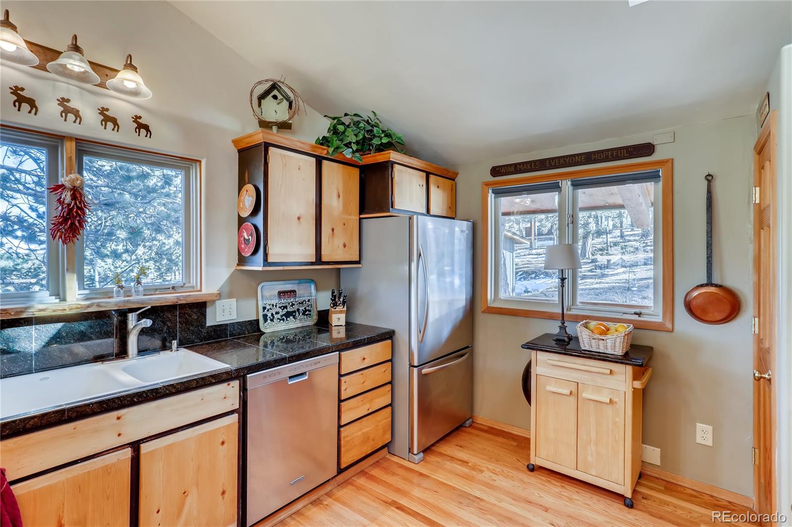 193 Twilight Terrace Drive Bailey, CO 80421 - Photo 8 of 34 a kitchen with stainless steel appliances granite countertop a refrigerator sink and cabinets