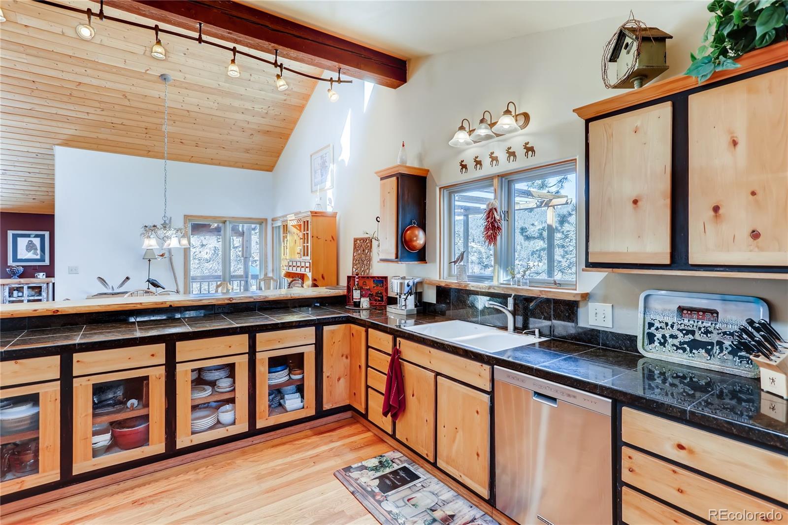 193 Twilight Terrace Drive Bailey, CO 80421 - Photo 9 of 34 a large kitchen with stainless steel appliances granite countertop a sink dishwasher and cabinets with wooden floor