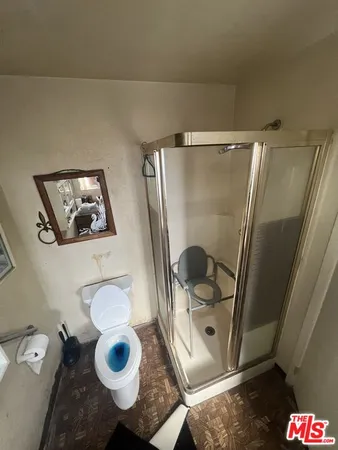 a bathroom with a toilet and a shower