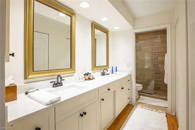 a bathroom with a granite countertop sink mirror and double