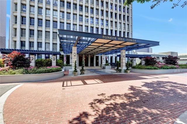 front view of a building with a patio