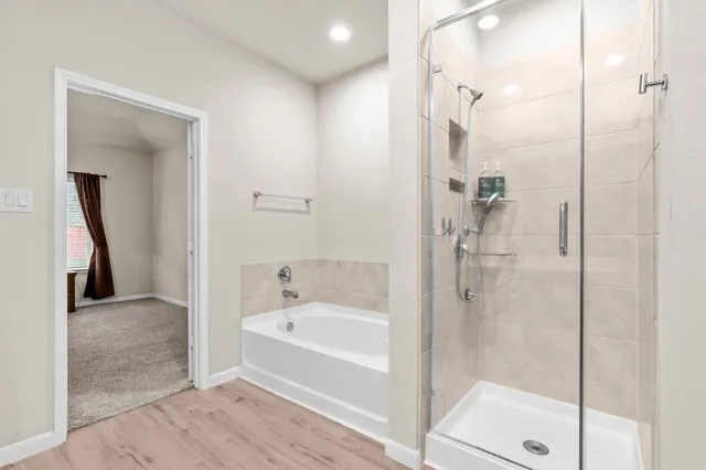 a bathroom with a bathtub and a shower