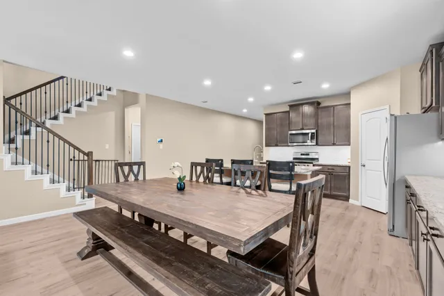a view of a dining room with furniture