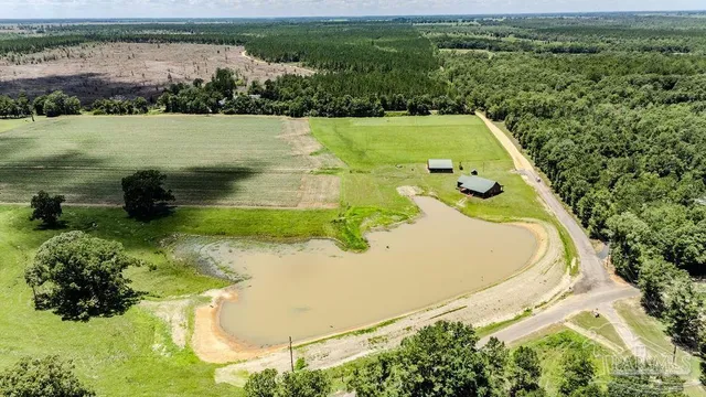 an aerial view of a house with a yard and lake view
