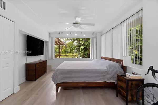 a bed room with a bed and a television