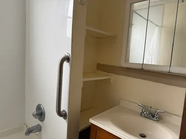 a bathroom with a sink and a mirror
