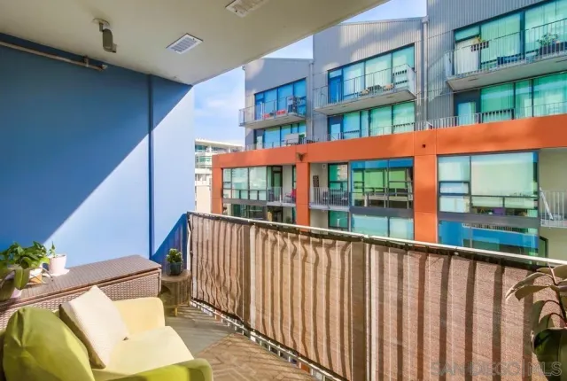 a view of a building from a balcony