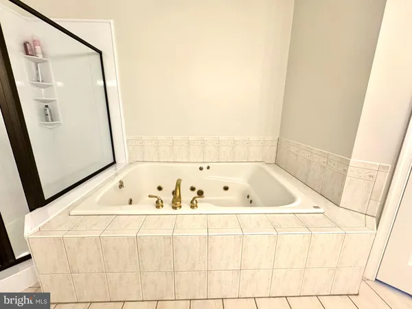 a view of bathroom with tub and mirror
