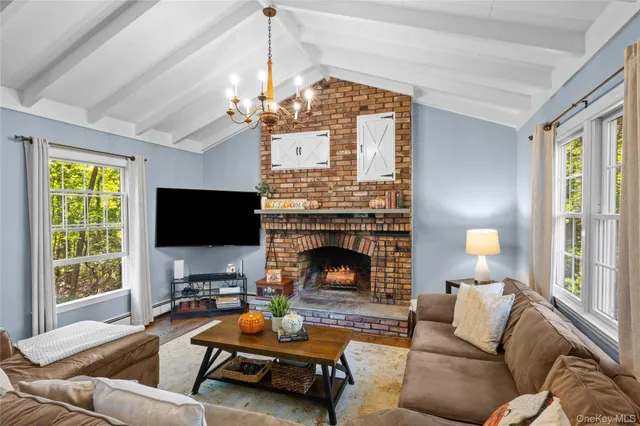a living room with furniture a fireplace and a flat screen tv